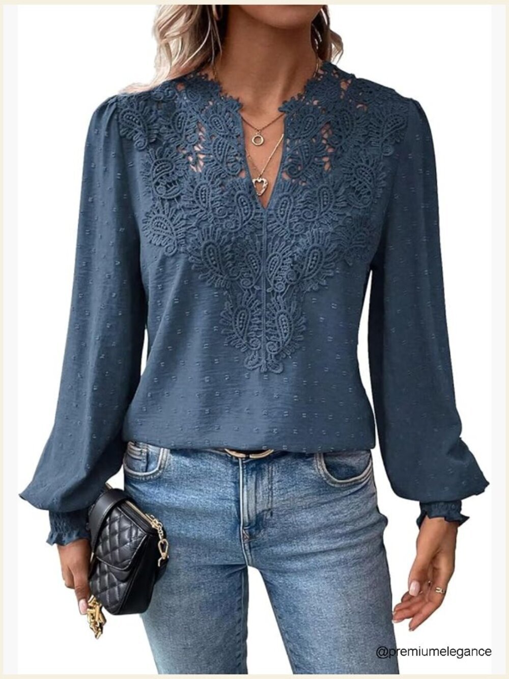 Swiss Dot Boho Long Sleeve Blouse V Neck Flowy Lace Hem Blouse
